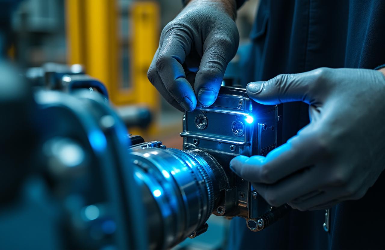 Close up of industrial IoT sensors being installed on a vintage factory machine